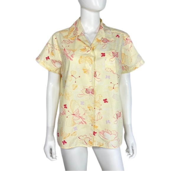 Karen Scott Pastel Yellow Butterfly Print Pocket Button Down Blouse - Picture 1 of 6